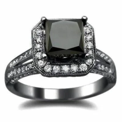 2.44 Ct Black Princess Diamond Lab Created Best Collection Silver Handmade Ring - Image 1 of 4