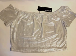 Allegra K Women's Silver Party Off Shoulder Crop Top NWT Shiny Shimmering - Picture 1 of 5