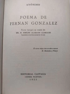 Poema De Fernan Gonzalez, Emilio Llorach -1955 -HC no DJ -Spanish Literature  - Imagen 1 de 16