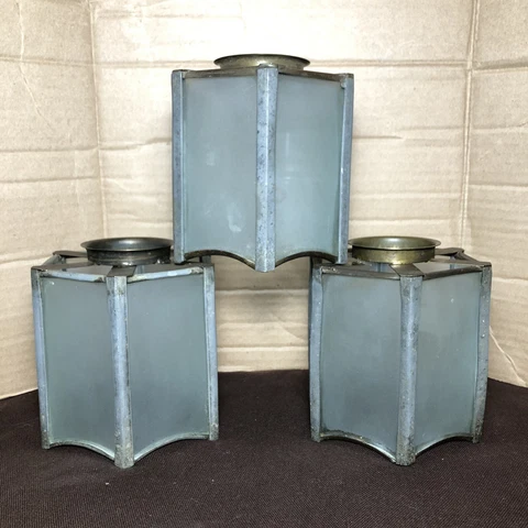 3 Vintage Mission Arts & Crafts Frosted Glass Light Fixture Shades 6 Panel Cover