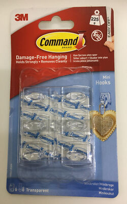 3M Command Clear 6 Mini Hooks 8 Strips Damage Free Hanging B24