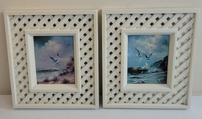 Vintage Set of 2 Homco Seashore Seagull Pictures White Lattice Framed 9"x8" - Image 1 of 4