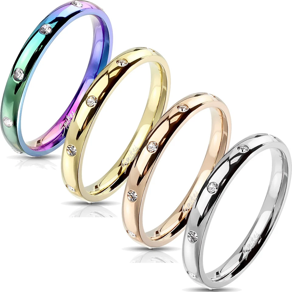 Stainless Steel CZ 3mm Eternity Band Ring Size 5-10 Rainbow Rose Gold Plated - Image 1 of 1