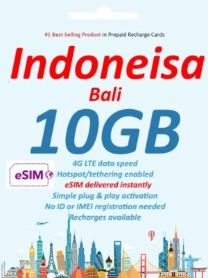 eSIM Bali Indonesia 7-30 Days, 10GB 4G/5G, Telkomsel Network, No Physical SIM - Image 1 of 3