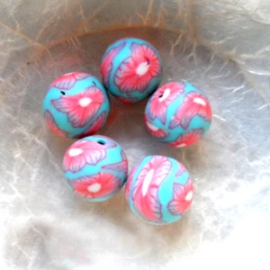 5 Perles FIMO POLYMÈRE - RONDES - TURQUOISE et CORAIL - 12 mm - Trou 1/1,5 mm - Foto 1 di 3