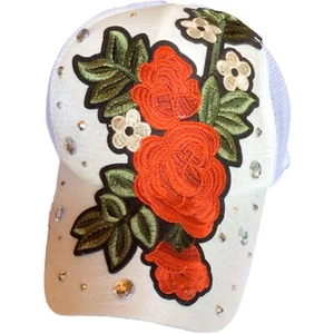 Mujeres Bordado Tachuelas Flor Sombrero Gorra Snapback Malla Marfil Blanco Nuevo - Imagen 1 de 4
