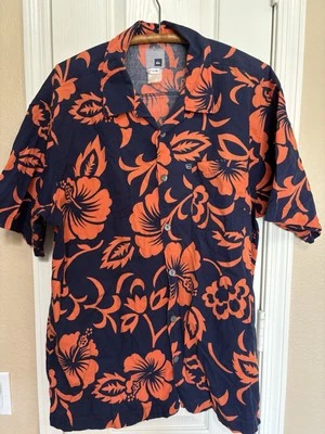 Camisa havaiana vintage mercúrio masculina grande azul e laranja flor de hibisco  - Imagem 1 de 4