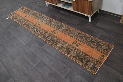 Vintage Turkish Runner Rug 2x9ft ORANGE Handmade Anatolian Oushak Hallway Wool - Image 1 of 4
