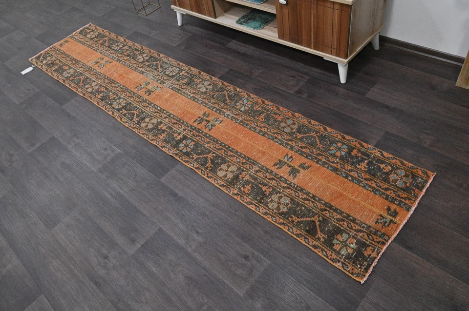 Vintage Turkish Runner Rug 2x9ft ORANGE Handmade Anatolian Oushak Hallway Wool - Image 1 of 4