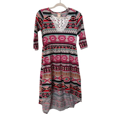 Faded Glory Girls XL 14-16 Aztec Print Dress Hi Low Hem Lace Trim Boho Pink - Image 1 of 4