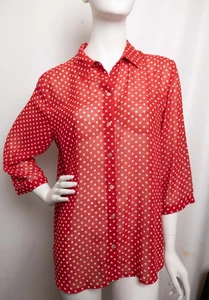 Chico's Red Polka Dot Button Up Collared Shirt Size 2/L/12  Slightly Sheer - Picture 1 of 9