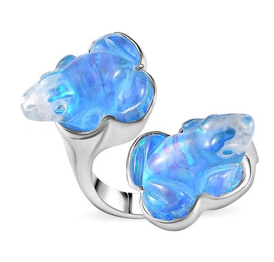 Sajen Blue Opal Doublet Quartz Carved Frog 12.15ctw Ring Sz9 Rhodium Over Silver - Image 1 of 4