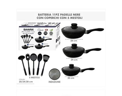 Bavaria Set 3 Padelle Alte Nere In Pietra Lavica Con Coperchi In Vetro Antiurto - Immagine 1 di 4