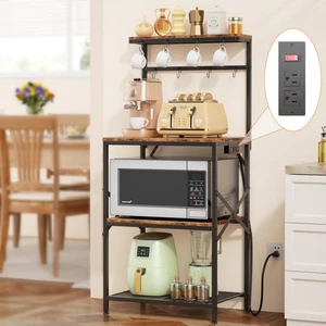 Kitchen Bakers Rack with Power Outlet, Small Coffee Bar Cart 4 Tiers, Microwa... - Picture 1 of 9