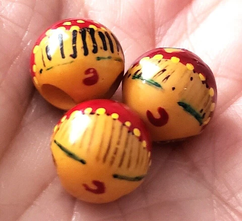 3 Adorable Little Vintage Bakelite Ball Buttons w Painted Faces on Front & Backs Cover
