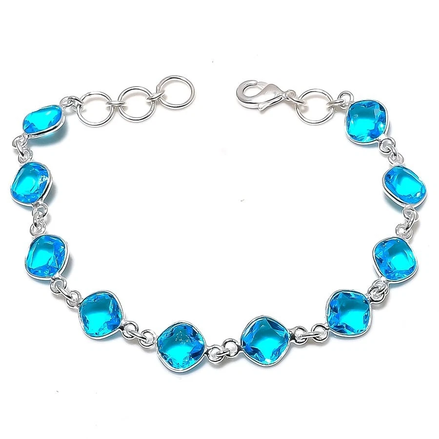 Ювелирный браслет ручной работы из стерлингового серебра 925 пробы с голубым топазом швейцарский размер 7-8 дюймов - Изображение 1 из 1