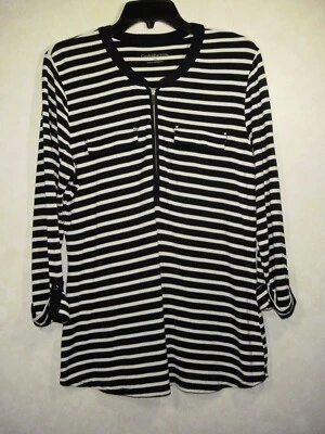 Top Croft & Barrow Mujer M Azul Blanco Rayas 1/2 Cremallera Manga 3/4 Con Pestaña Enrollable Foto 1 de 4