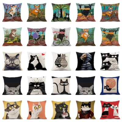 Vintage Cute Cat Cotton Linen Throw Pillow Case Cushion Cover Sofa Home Decor - Image 1 of 4