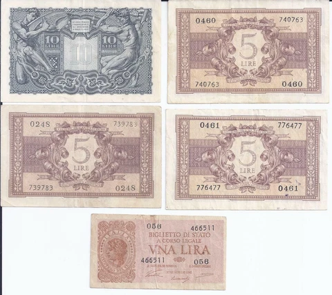 Biglietto Di Stato Banknotes 1 5 & 10 Lira Lire 1944 Very Good Circulated Italy Cover
