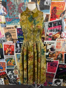 Vintage Tropical Botanical Fit & Flare Sleeveless Shirtdress Tiki Retro France - Picture 1 of 9
