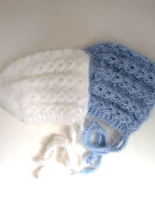 NEWBORN-3 months BABY BONNETS. Set of 2 Hand Knit. Blue and White - Picture 1 of 5