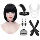 Black Wig w/1920's Accessories -- Headband, Pearl Necklace, Gloves & Earrings