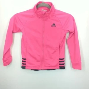 Adidas Girls Size 6 Hot Pink Black 3 Stripe Track Jacket Full Zip Athletic - Picture 1 of 5