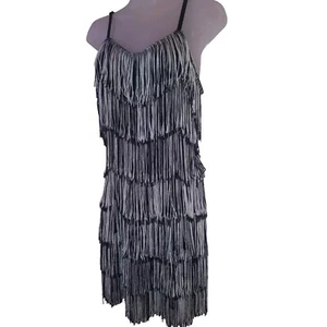 Vintage 80s Cheryl Creations Black White Fringed Go Go Flapper Wiggle Dress M - Picture 1 of 7