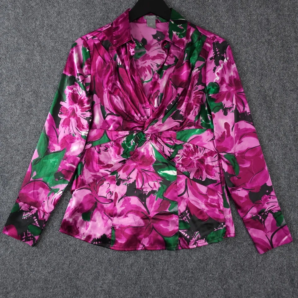 Camisa Ann Taylor Feminina 8P Rosa Verde Floral Cetim Ruched Decote V Blusa Escritório - Imagem 1 de 4