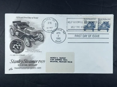 FDC 1985 Stanley Steamer 1909 Transportation Series 12¢ Coil Pair ArtCraft a916 - Image 1 of 2