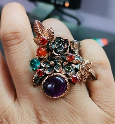 Anello cocktail floreale in argento sterling 925 multi pietra preziosa... - Immagine 1 di 4