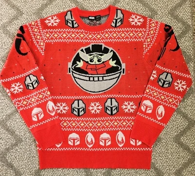 Рождественский свитер Star Wars Baby Yoda красный средний НОВЫЙ праздничный мандалорский маленький - Изображение 1 из 4