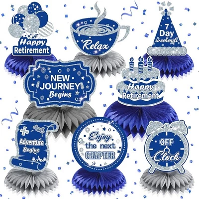 8pcs Blue Retirement Decorations Navy Blue Silver Retirement Table Honeycomb Cen - Image 1 of 2