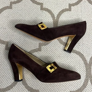 St. John Roberta Brown Suede Shoes-Gold Buckle Made in Italy Pumps - size 8 1/2 - Picture 1 of 16