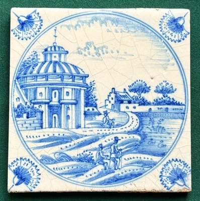 Antiguo azulejo azul holandés DELFT 5,25 x 5,25 paisaje rural iglesia escena Foto 1 de 4