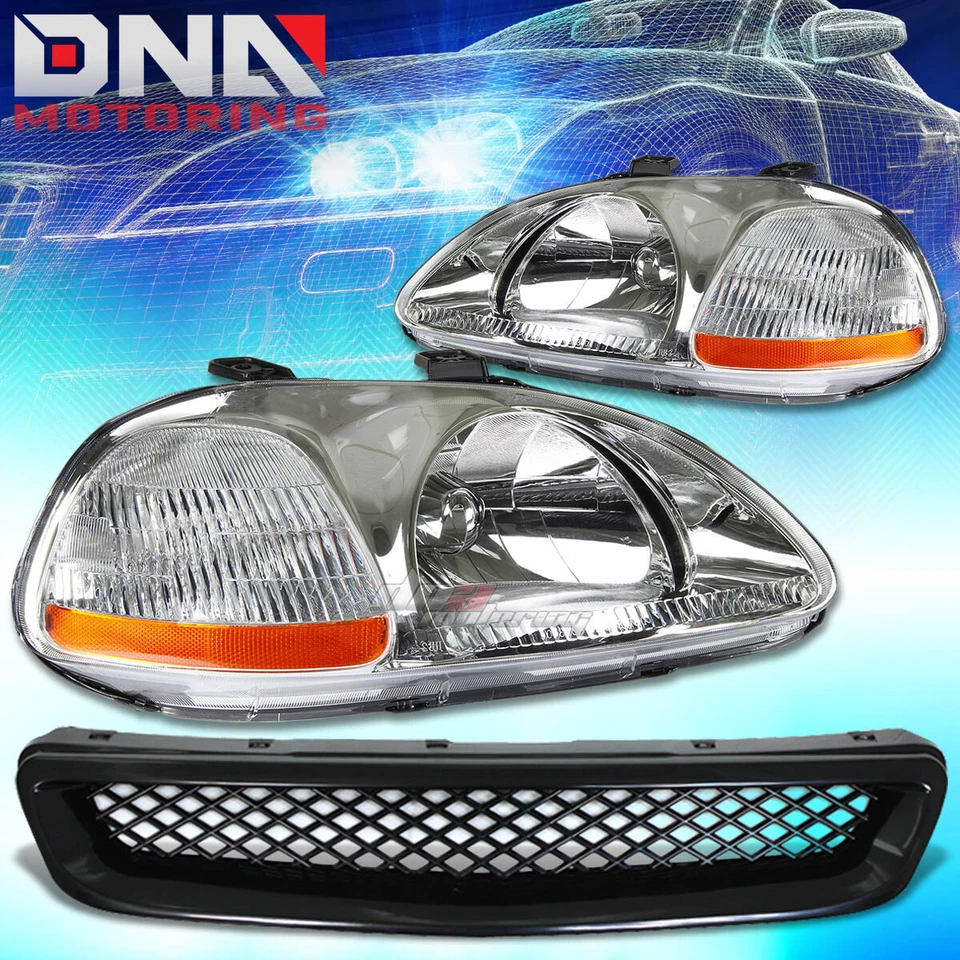 PARA 96-98 CIVIC EJ/EK PARRILLA DELANTERA NEGRA + CARCASA CROMADA FARO REFLECTOR ÁMBAR Foto 1 de 1