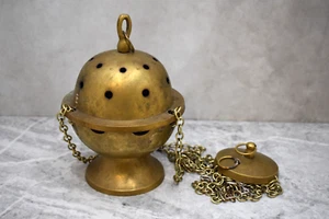 Large Antique Triple Chain Church Censer, Thurible, 8" HT. (CU552) - Picture 1 of 11