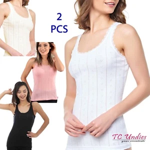 2 Pairs of Ladies Ribbed Cotton Wide Lace Strappy Vest Stretchy Comfort Singlets - Picture 1 of 26