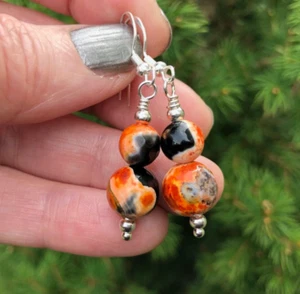 Orange & Black Fire Agate Dangly Drop Earrings. Boho Beaded Gemstone Bead - Picture 1 of 20