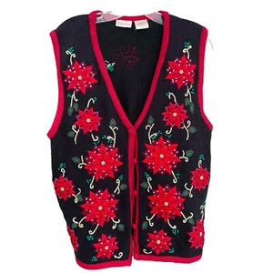 Ugly Christmas Sweater Vest Poinsettia Embroidery Beads Buttons Womens L 12/14 - Picture 1 of 4