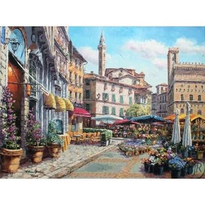 SAM PARK "Mercado de Flores de Florencia" Escena Callejera 14x18 Firmado a Mano # Giclee Certificado de Autenticidad - Imagen 1 de 1