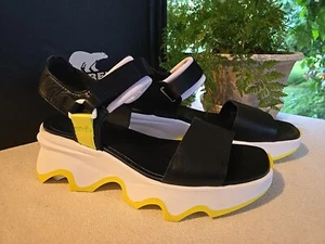 SOREL Kinetic Sport Wedge Impact Y-Strap Sandal Women Sz 9 NIB BLK/WHT/YEL ⚫⚪🟡 - Picture 1 of 9