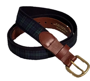Leather Man Golf Belt Mens 42  Navy & Green Tartan Plaid Brass Buckle Made USA - Picture 1 of 11