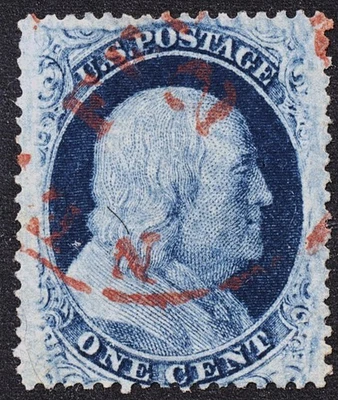 U.S. Classic #24 F/VF 1 cent  blue Franklin with a Red cancel '23 CV $45.00 - Image 1 of 2