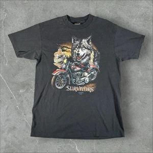 Camisa emblema 3D vintage para hombre grande negra 1991 Survivors Wolf Harley Davidson años 90 - Imagen 1 de 9