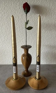 Lot of 3 Vintage Oregon Myrtlewood Candle Holders and Vase Natural Wood Grain - Picture 1 of 7
