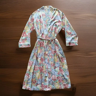 VTG CHRISTIAN DIOR Satin Floral Lightweight Belted Robe Women's M/L w/ Pockets - Image 1 of 4