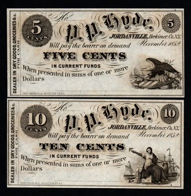 1852 5c & 10c SET Jordanville, NY,  P.P. Hyde Dry Goods UNC Obsolete Notes! - Image 1 of 2