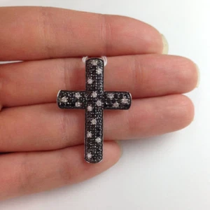925-Black & White Diamond Cross Pendant IGL Certified Blessing of Jesus 1.50 Ct - Picture 1 of 4