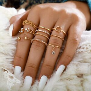 Fashion Women 8pcs Gold Crystal Geometric Finger Knuckle Rings Set Jewelry Gift